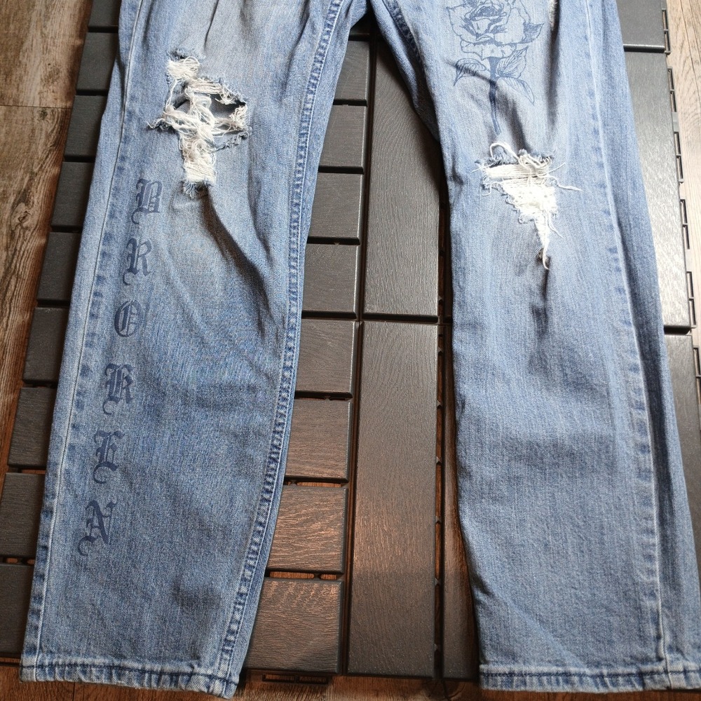Broken Promises Distressed Mens 32x29 Straight Blue Snake Cobra Rose Jeans JA128 - Picture 4 of 15